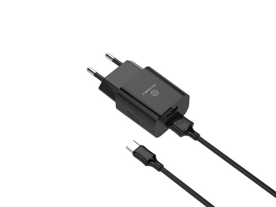 Chargeur Mural Avec Double Port Usb Et Cable Type-C 1M 2.4A Noir Chargeur Mural Avec Double Port Usb Et Cable Type-C 1M 2.4A Noir