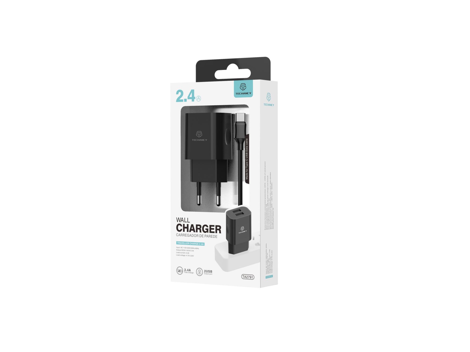 Chargeur Mural Avec Double Port Usb Et Cable Type-C 1M 2.4A Noir Chargeur Mural Avec Double Port Usb Et Cable Type-C 1M 2.4A Noir