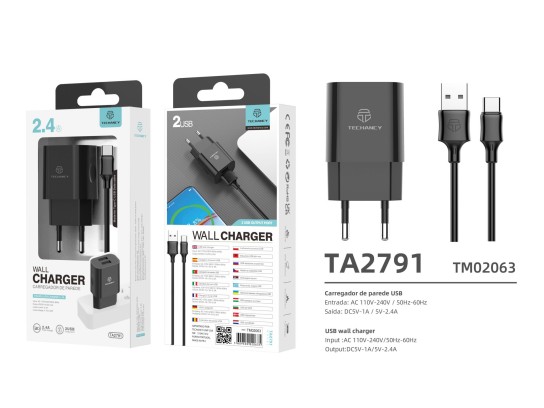 Chargeur Mural Avec Double Port Usb Et Cable Type-C 1M 2.4A Noir Chargeur Mural Avec Double Port Usb Et Cable Type-C 1M 2.4A Noir