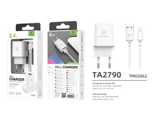 Wall Charger With Dual Usb Ports And Lightning Cable Iphone 1M 2.4A White