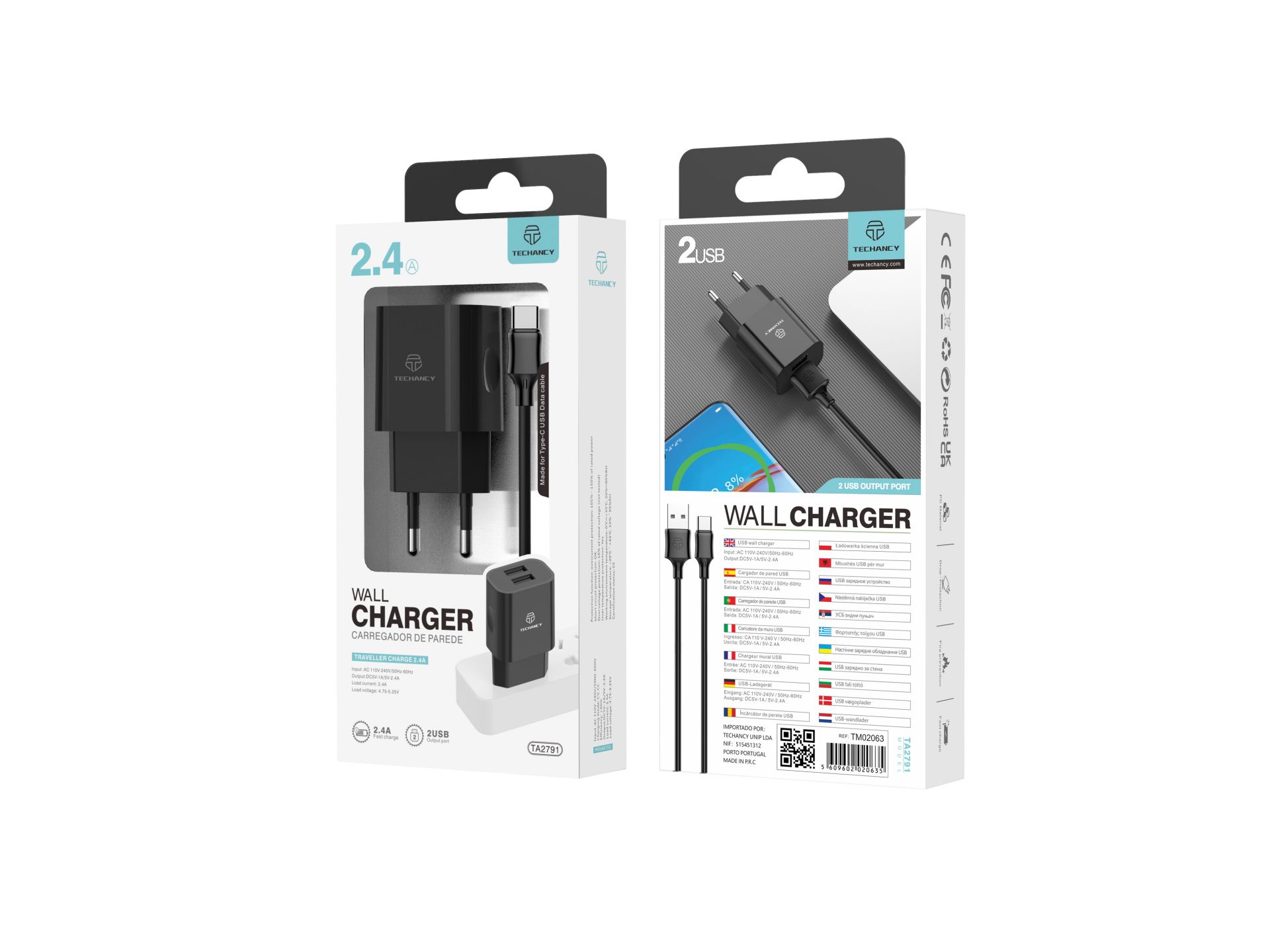 Chargeur Mural Avec Double Port Usb Et Cable Type-C 1M 2.4A Noir Chargeur Mural Avec Double Port Usb Et Cable Type-C 1M 2.4A Noir