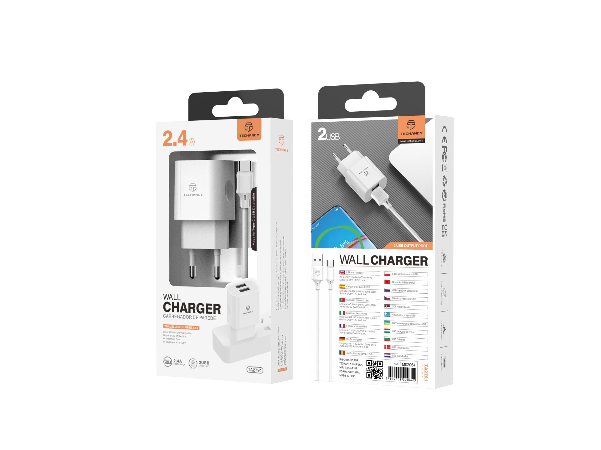Carregador De Tomada Com Duplo Usb Portas E Cabo De Type-C 1M 2.4A Branco Carregador De Tomada Com Duplo Usb Portas E Cabo De Type-C 1M 2.4A Branco