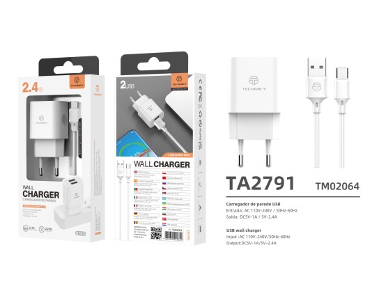Carregador De Tomada Com Duplo Usb Portas E Cabo De Type-C 1M 2.4A Branco Carregador De Tomada Com Duplo Usb Portas E Cabo De Type-C 1M 2.4A Branco