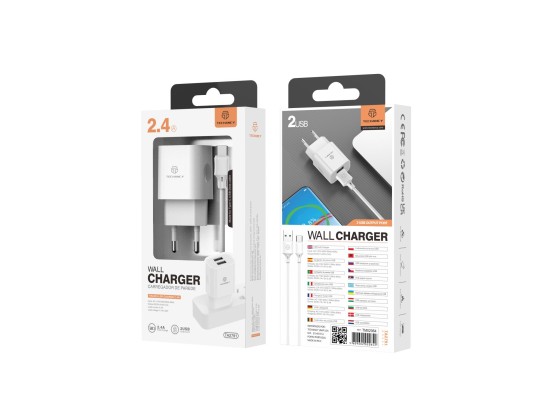 Carregador De Tomada Com Duplo Usb Portas E Cabo De Type-C 1M 2.4A Branco Carregador De Tomada Com Duplo Usb Portas E Cabo De Type-C 1M 2.4A Branco
