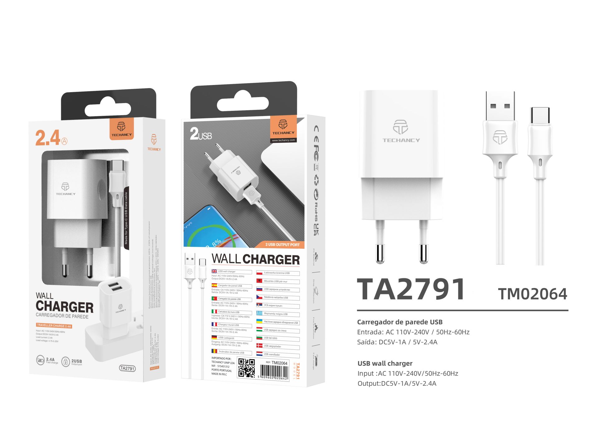 Carregador De Tomada Com Duplo Usb Portas E Cabo De Type-C 1M 2.4A Branco Carregador De Tomada Com Duplo Usb Portas E Cabo De Type-C 1M 2.4A Branco