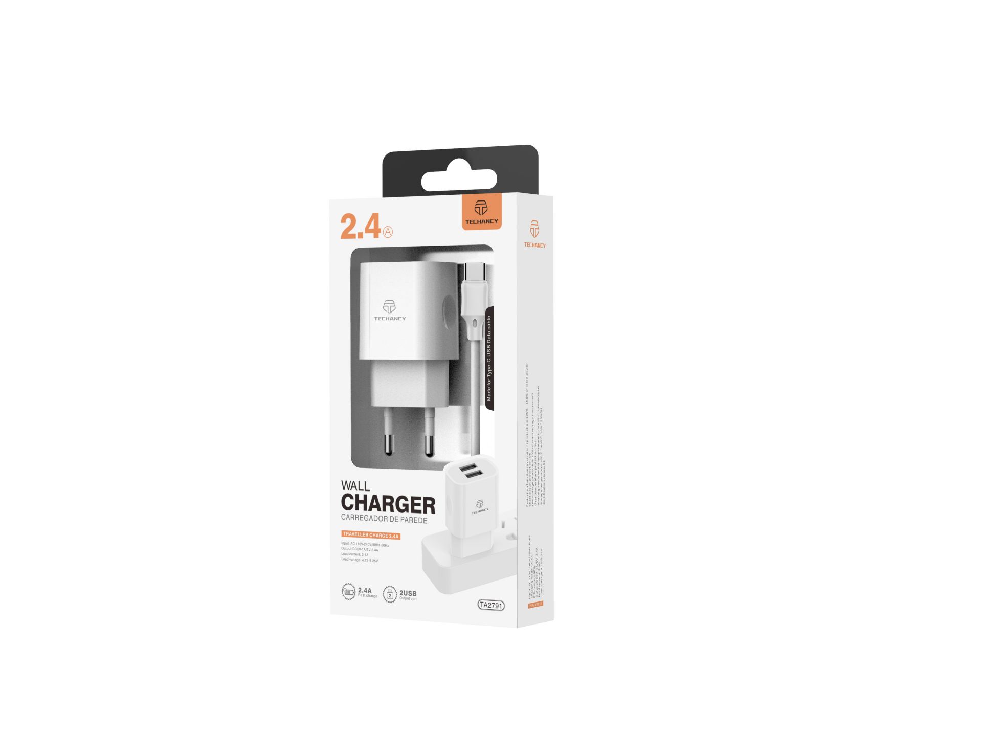 Carregador De Tomada Com Duplo Usb Portas E Cabo De Type-C 1M 2.4A Branco Carregador De Tomada Com Duplo Usb Portas E Cabo De Type-C 1M 2.4A Branco