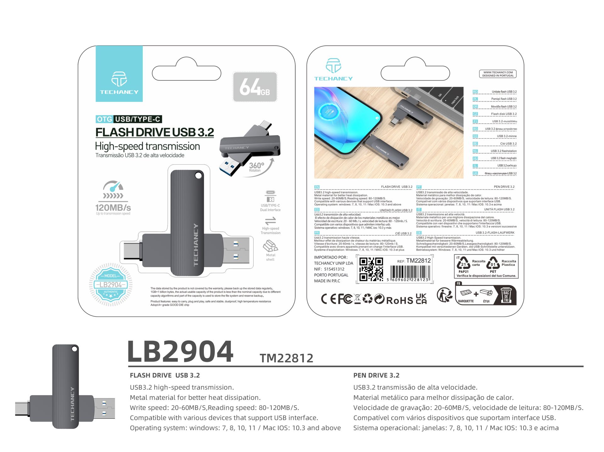 Techancy Flash-Laufwerk 64Gbusb 3.2 Dual Anschl�sse Typ-C und Typ-A