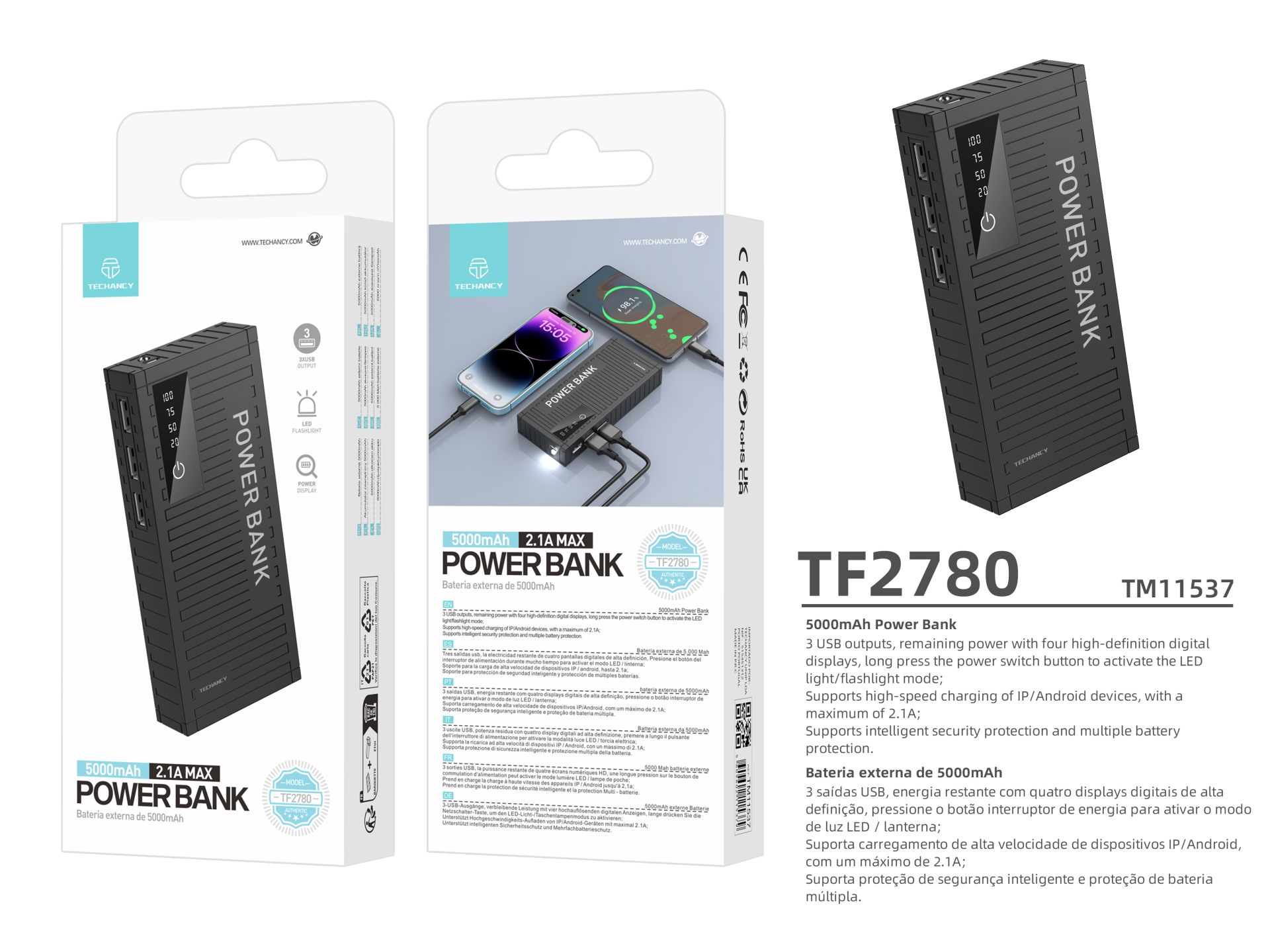 H40 Techancy Power Bank 5000Mah Preto H40 Techancy Power Bank 5000Mah Preto