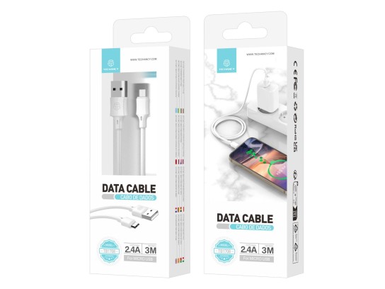 Techancy Cabo De Dados Em Pvc 3M Micro Usb Branco 2.4A Techancy Cabo De Dados Em Pvc 3M Micro Usb Branco 2.4A