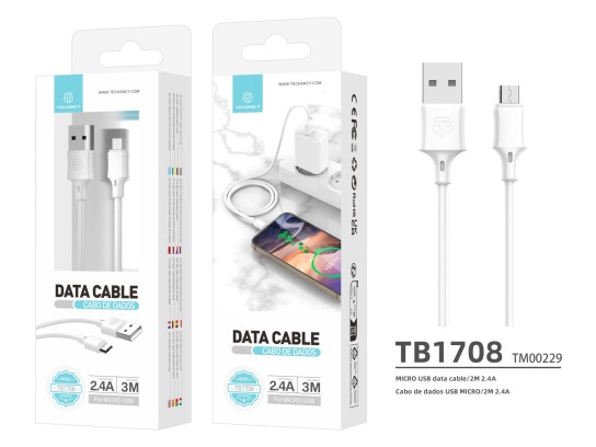 Techancy Cabo De Dados Em Pvc 3M Micro Usb Branco 2.4A Techancy Cabo De Dados Em Pvc 3M Micro Usb Branco 2.4A