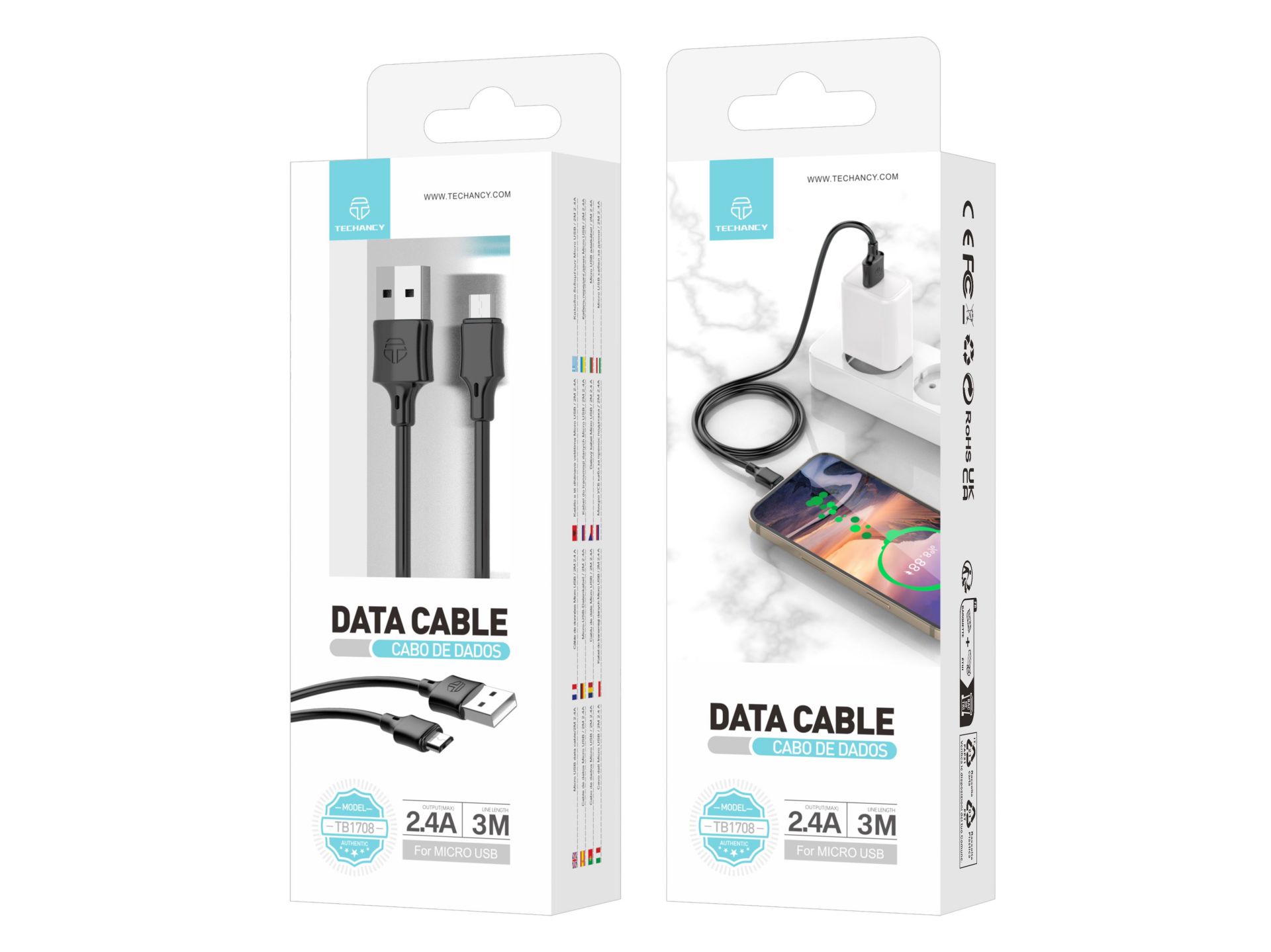 Techancy Cabo De Dados Em Pvc 3M Microusb Preto 2.4A Techancy Cabo De Dados Em Pvc 3M Microusb Preto 2.4A