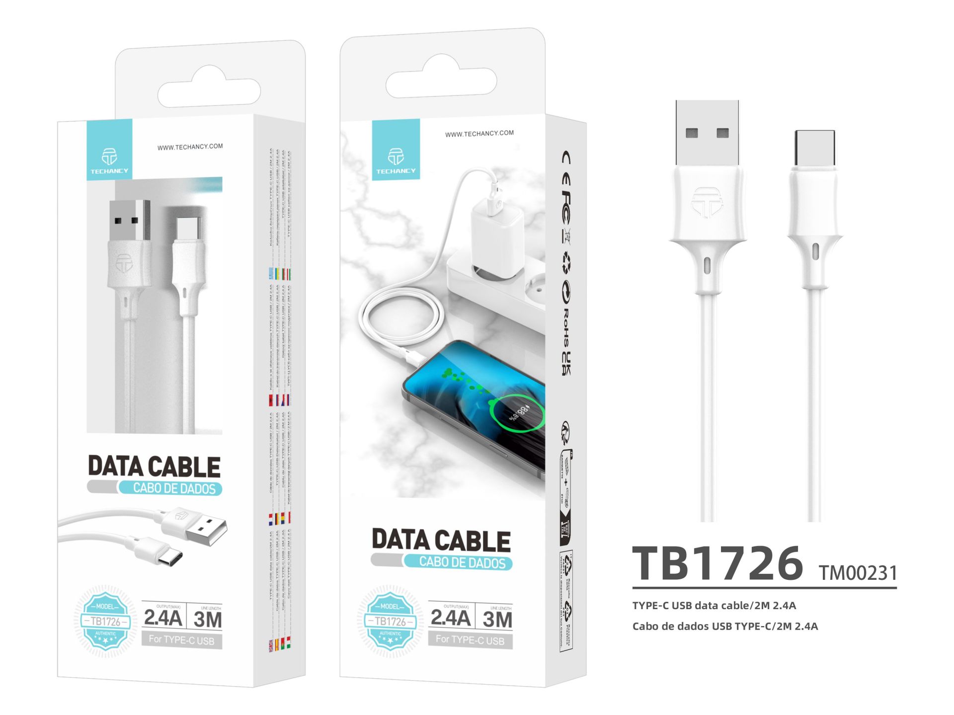 Techancy Pvc Cable de Datos 3M Usb C Blanco 2.4A Techancy Pvc Cable de Datos 3M Usb C Blanco 2.4A