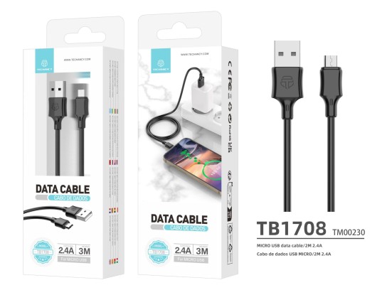 Techancy Cabo De Dados Em Pvc 3M Microusb Preto 2.4A Techancy Cabo De Dados Em Pvc 3M Microusb Preto 2.4A