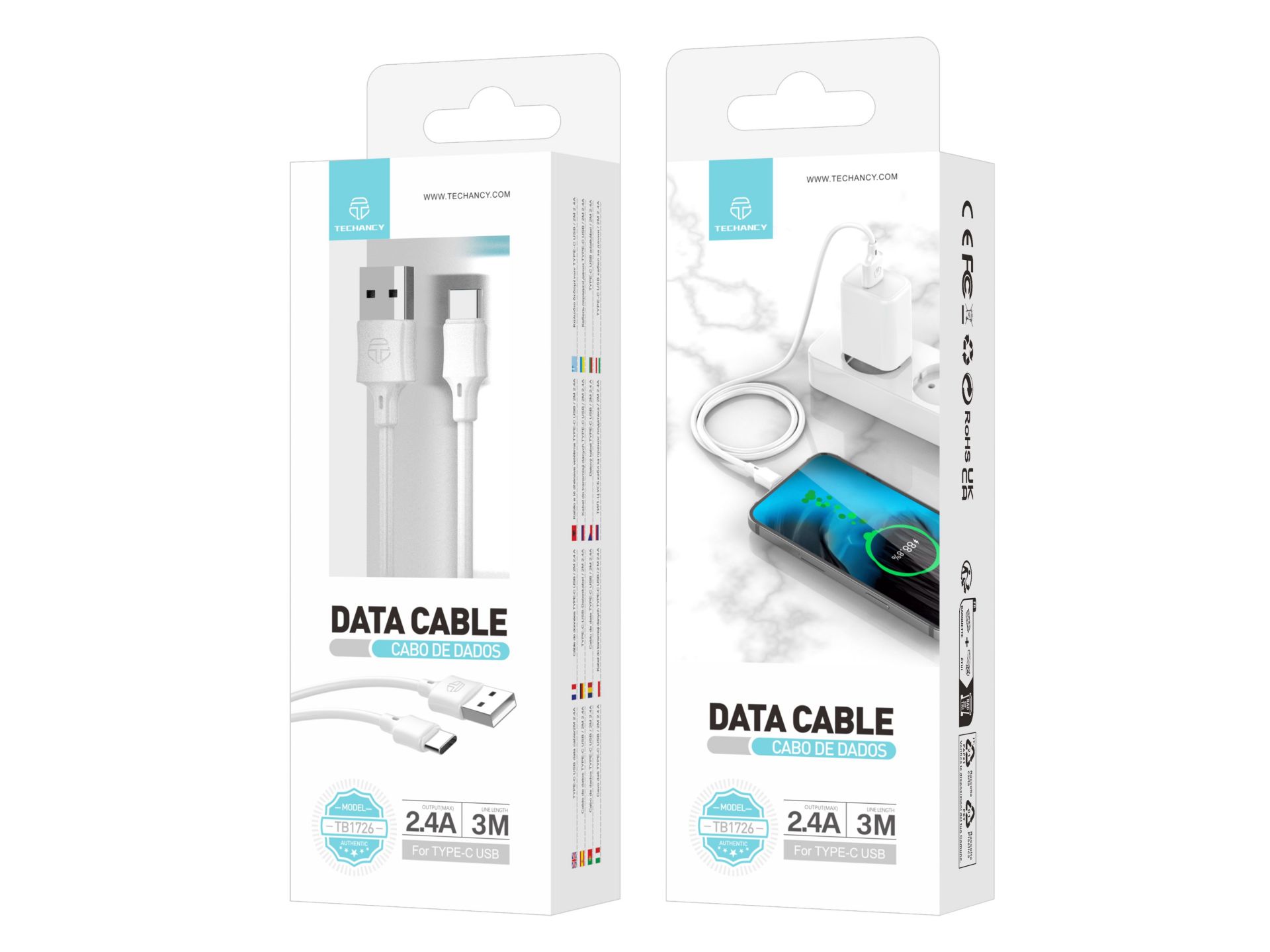 Techancy Pvc Cable de Datos 3M Usb C Blanco 2.4A Techancy Pvc Cable de Datos 3M Usb C Blanco 2.4A