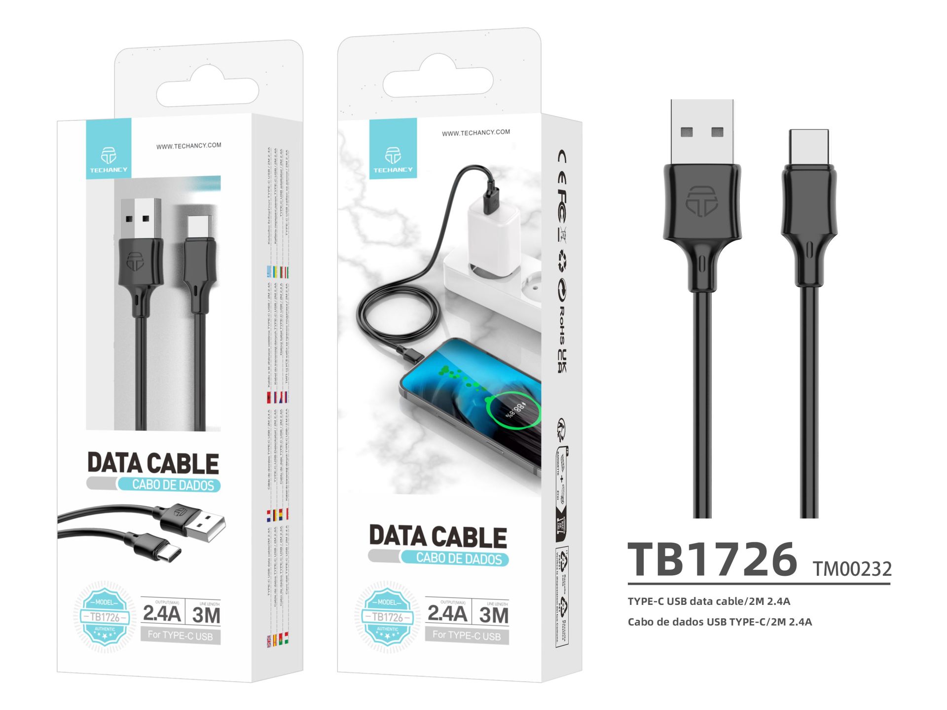 Techancy Pvc Data Cable 3M Usb C Black 2.4A Techancy Pvc Data Cable 3M Usb C Black 2.4A