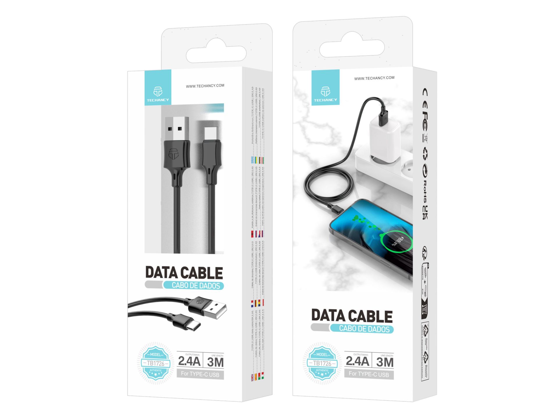 Techancy Pvc Data Cable 3M Usb C Black 2.4A Techancy Pvc Data Cable 3M Usb C Black 2.4A