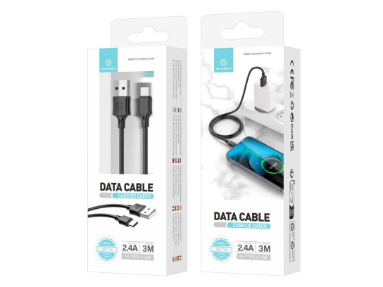 Techancy Pvc Data Cable 3M Usb C Black 2.4A Techancy Pvc Data Cable 3M Usb C Black 2.4A