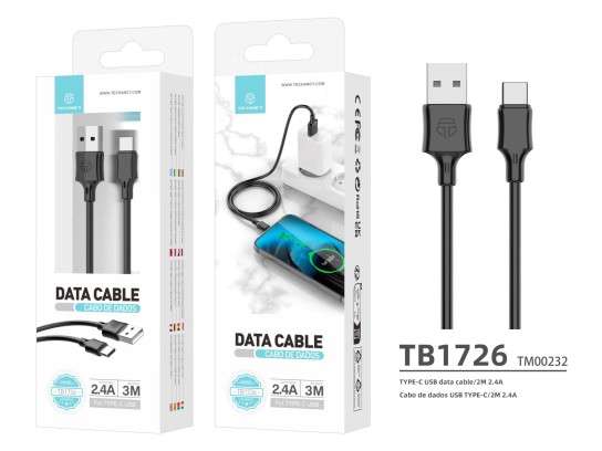 Techancy Pvc Data Cable 3M Usb C Black 2.4A Techancy Pvc Data Cable 3M Usb C Black 2.4A