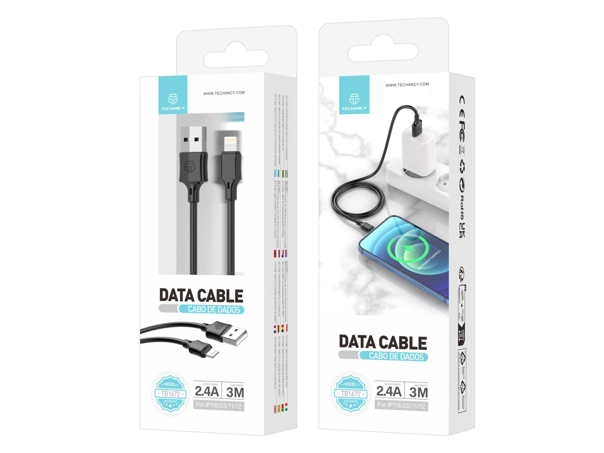 Techancy 3M Cavo dati in Pvc Lightning Nero 2.4A Techancy 3M Cavo dati in Pvc Lightning Nero 2.4A