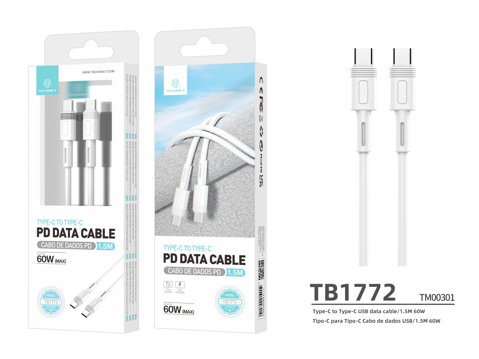 Techancy J27 Pd Flash Charging Cable Usb-C To Usb-C White 60W 1.5M Techancy J27 Pd Flash Charging Cable Usb-C To Usb-C White 60W 1.5M