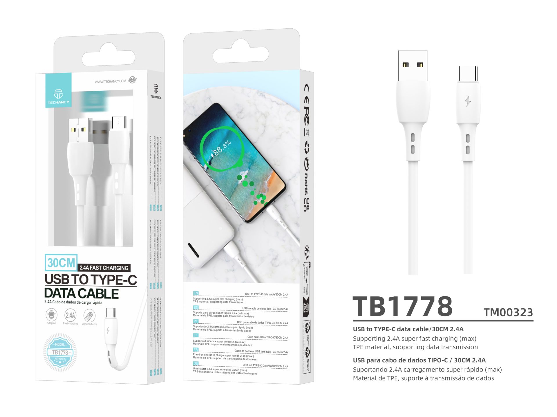 Techancy 30cm Short Usb C Cable, Fast Charging 2.4A White