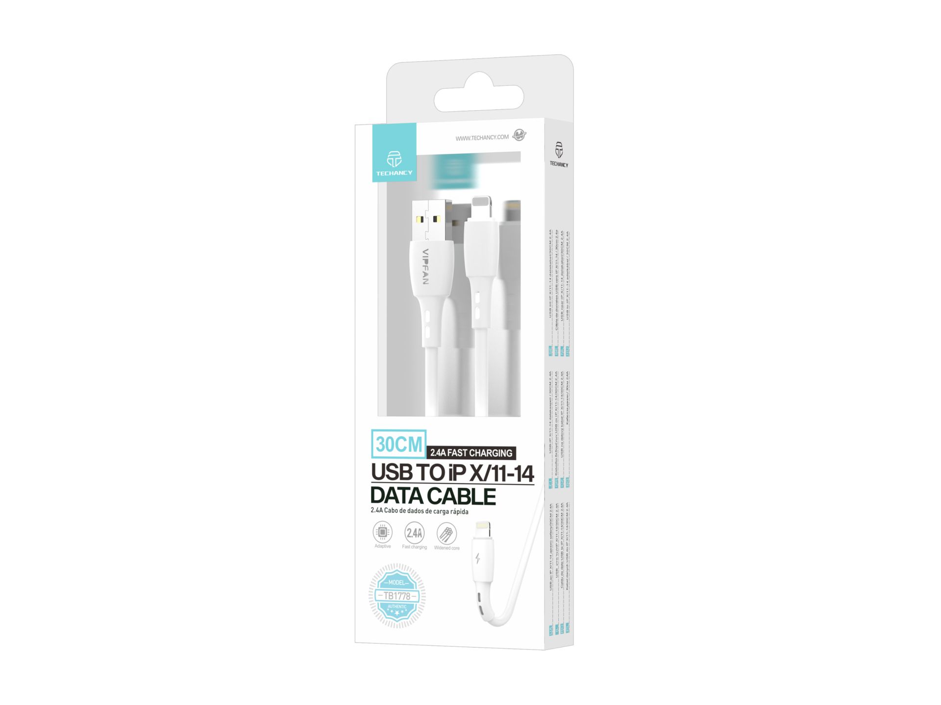 Techancy Lightning  Cable Compatible With Iphone Short 30cm, Fast Charging 2.4A White