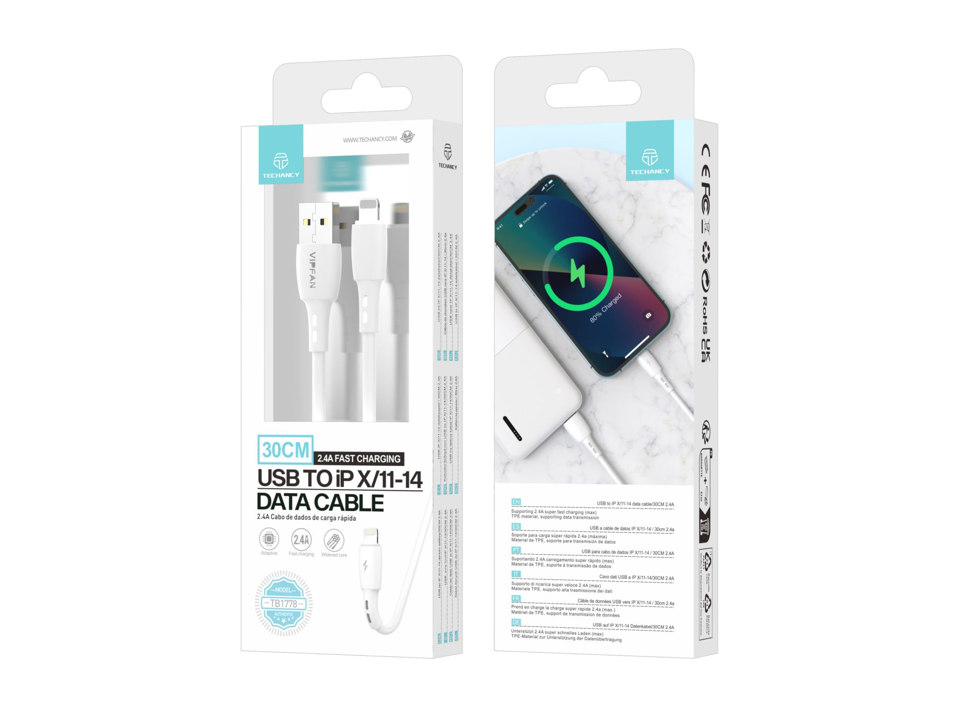 Techancy Lightning  Cable Compatible With Iphone Short 30cm, Fast Charging 2.4A White