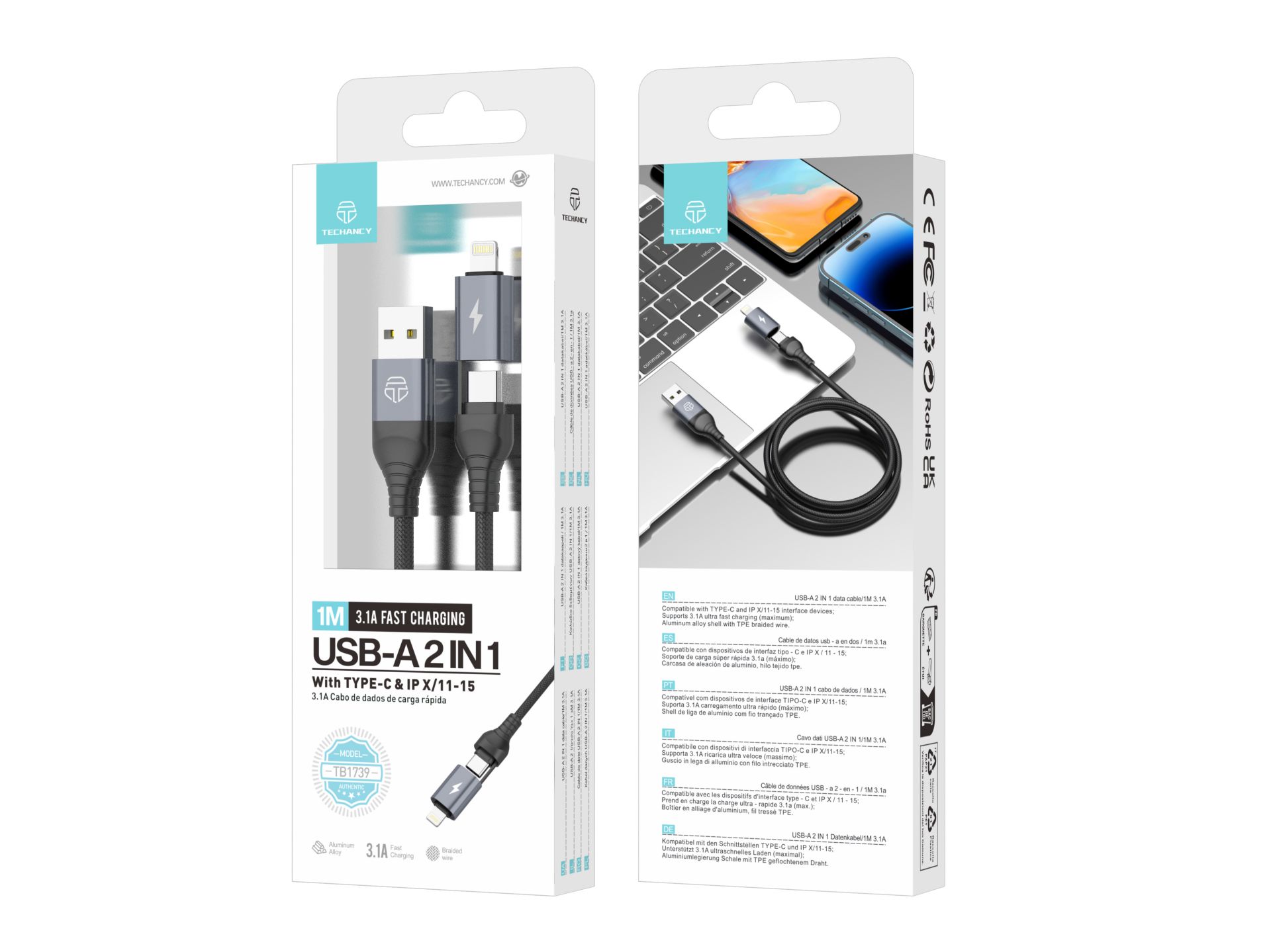 Techancy Cabo Usb A Para Usb C E Lightning 2 Em 1 ,Para Iphone 15 Samsung Xiaomi 3.1A 1M Preto Techancy Cabo Usb A Para Usb C E Lightning 2 Em 1 ,Para Iphone 15 Samsung Xiaomi 3.1A 1M Preto