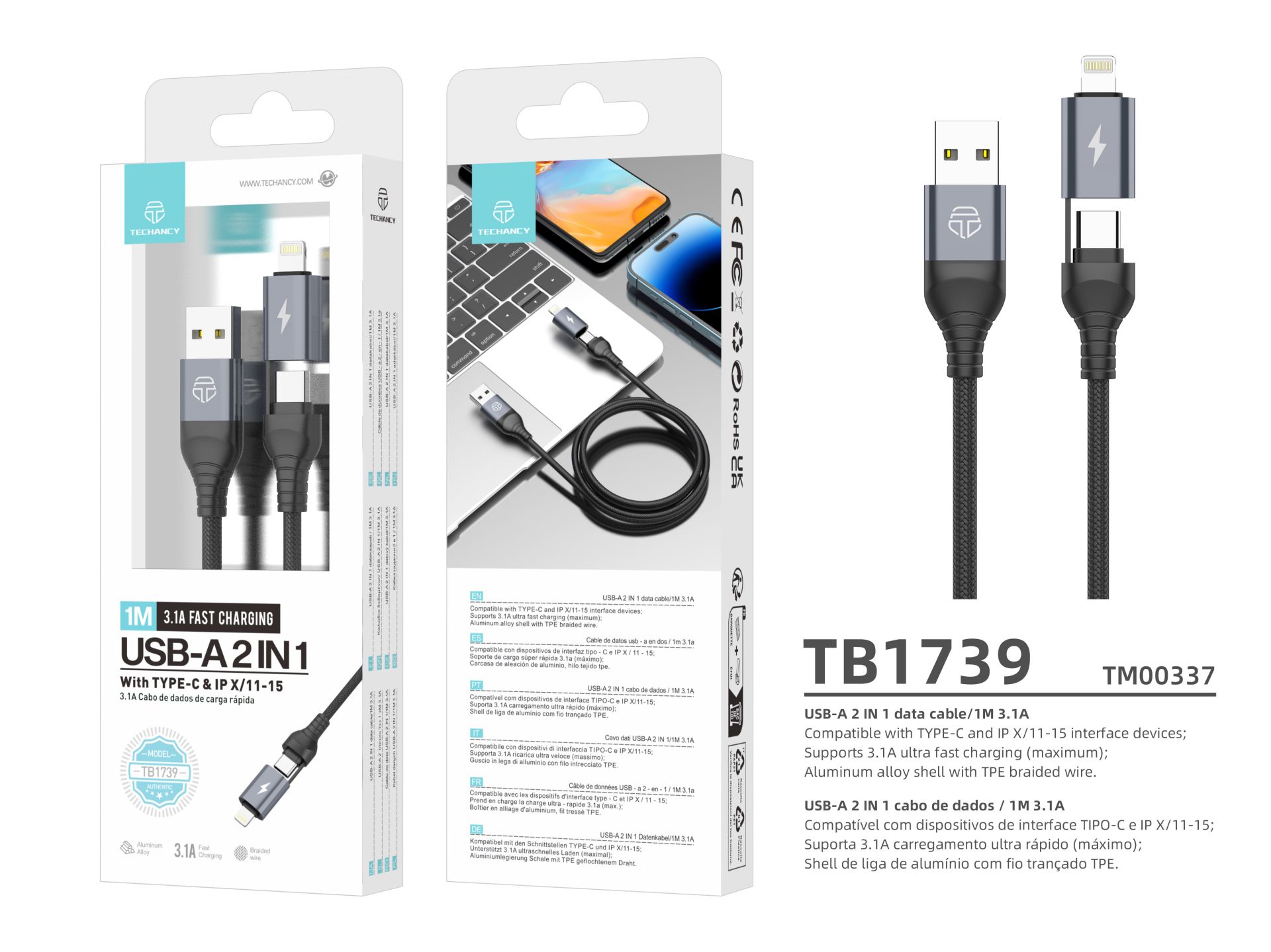 Techancy Cabo Usb A Para Usb C E Lightning 2 Em 1 ,Para Iphone 15 Samsung Xiaomi 3.1A 1M Preto Techancy Cabo Usb A Para Usb C E Lightning 2 Em 1 ,Para Iphone 15 Samsung Xiaomi 3.1A 1M Preto