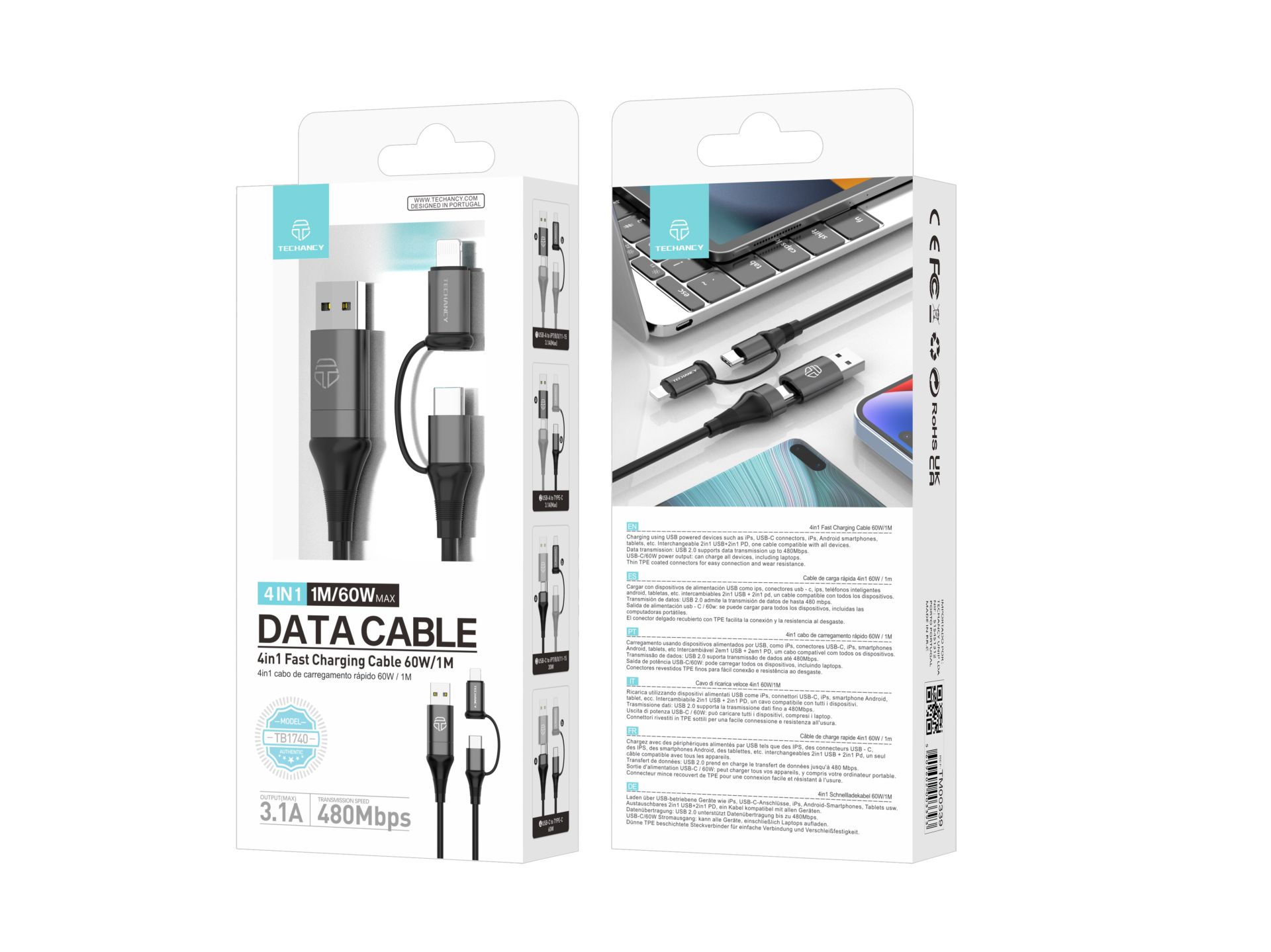 Techancy Lightning Usb C Cable 4 In 1 Multiple Charging Cable - Pd60W Usb A/Usb C To Usb C /Lightnin