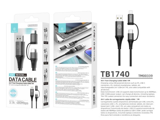 Techancy Lightning Usb C Cable 4 In 1 Multiple Charging Cable - Pd60W Usb A/Usb C To Usb C /Lightnin