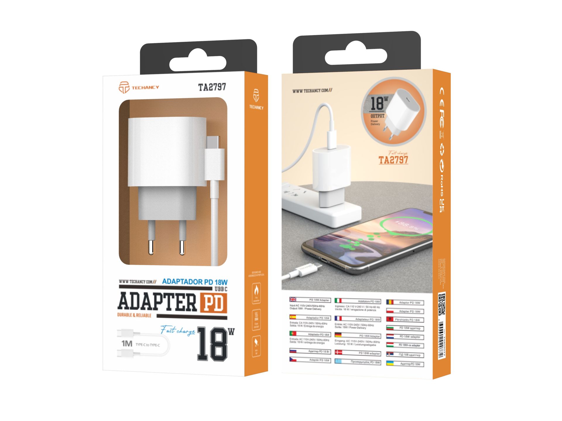 Techancy Carregador Rapido Pd Usb C 18W + Cabo Usb C Pd 1M Branco Techancy Carregador Rapido Pd Usb C 18W + Cabo Usb C Pd 1M Branco