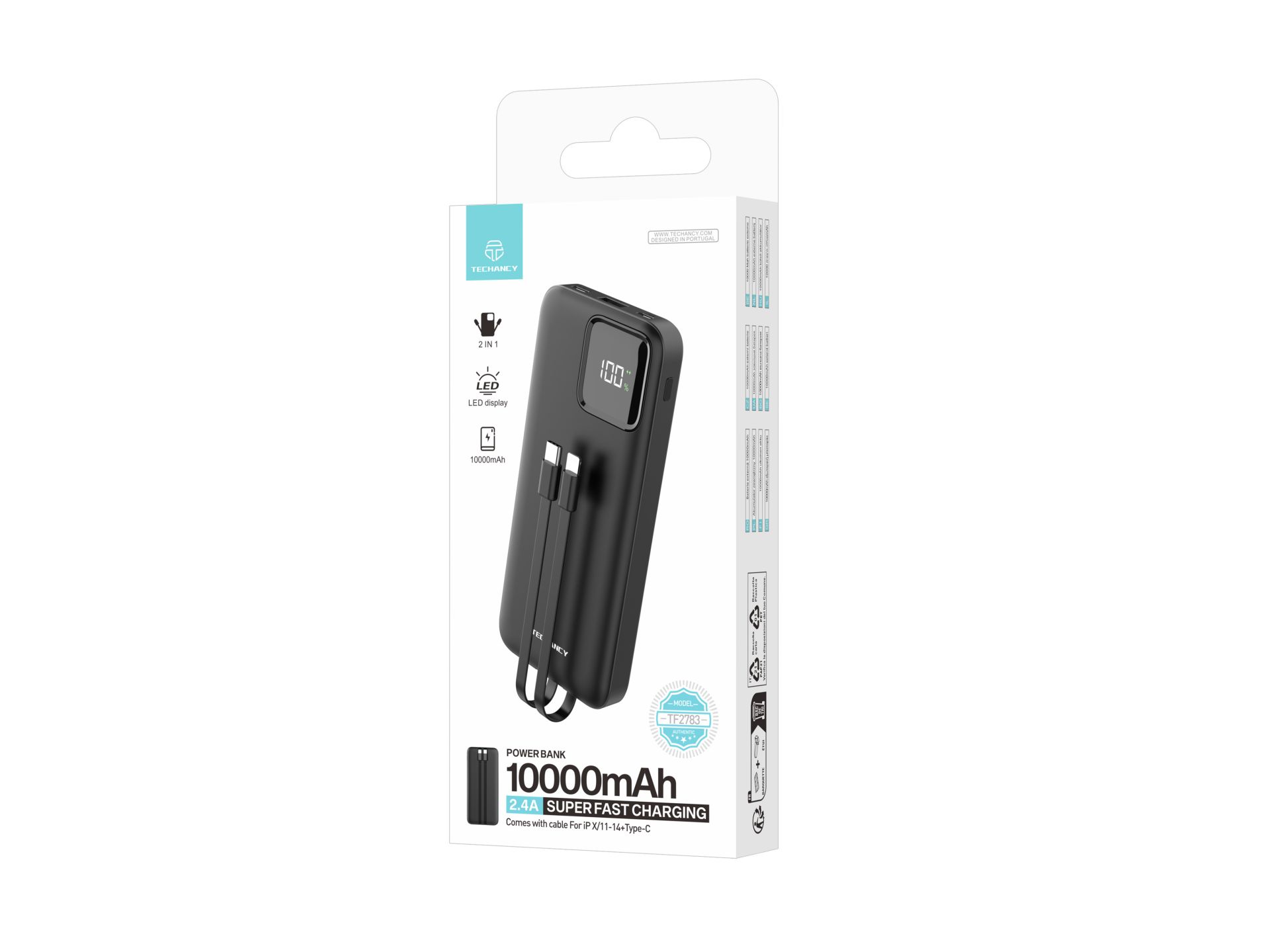 Techancy power bank avec câble usb-c et lightning TF2783 noir Techancy power bank avec câble usb-c et lightning TF2783 noir