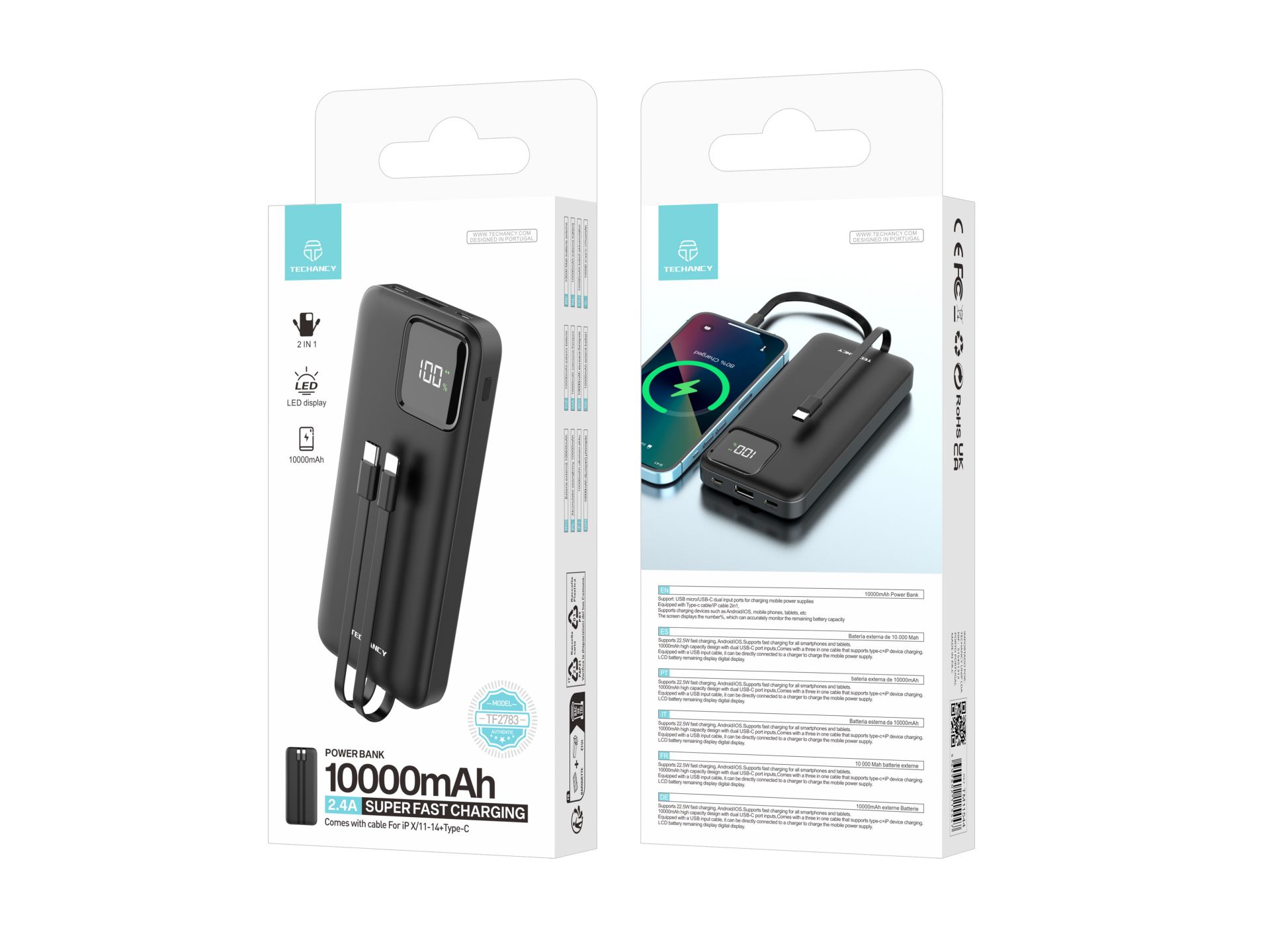 Techancy power bank avec câble usb-c et lightning TF2783 noir Techancy power bank avec câble usb-c et lightning TF2783 noir