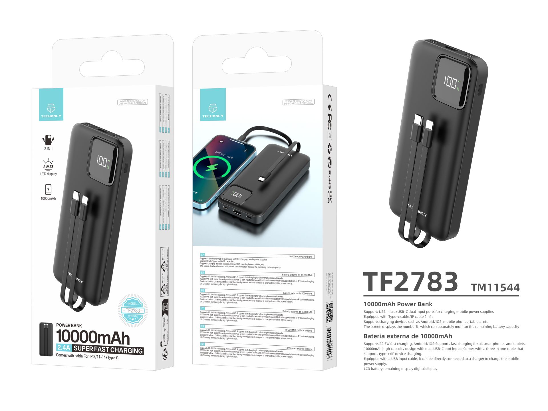 Techancy power bank avec câble usb-c et lightning TF2783 noir Techancy power bank avec câble usb-c et lightning TF2783 noir