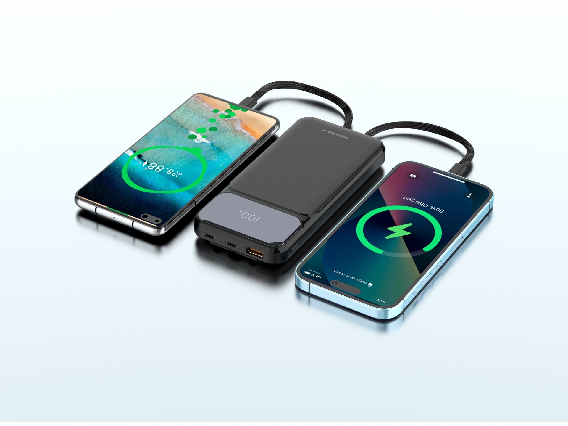 Techancy power bank avec cable usb-c ,lightning ,usb ,TF2782 22.5w noir Techancy power bank avec cable usb-c ,lightning ,usb ,TF2782 22.5w noir