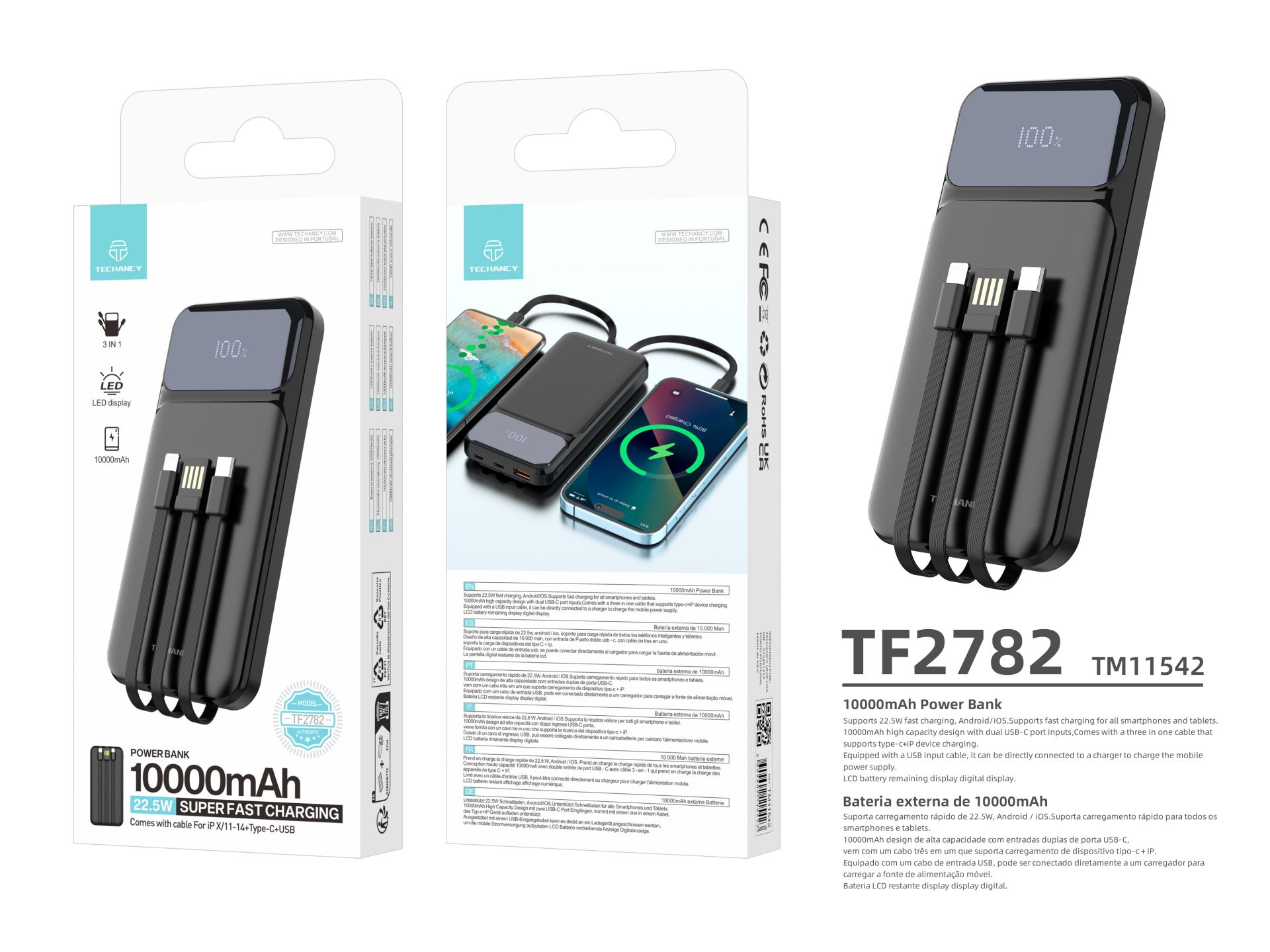Techancy power bank avec cable usb-c ,lightning ,usb ,TF2782 22.5w noir Techancy power bank avec cable usb-c ,lightning ,usb ,TF2782 22.5w noir