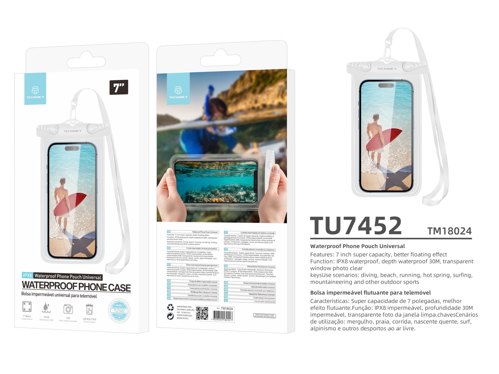 Custodia impermeabile Techancy per telefono cellulare universale 7.0 TU7452 Bianco