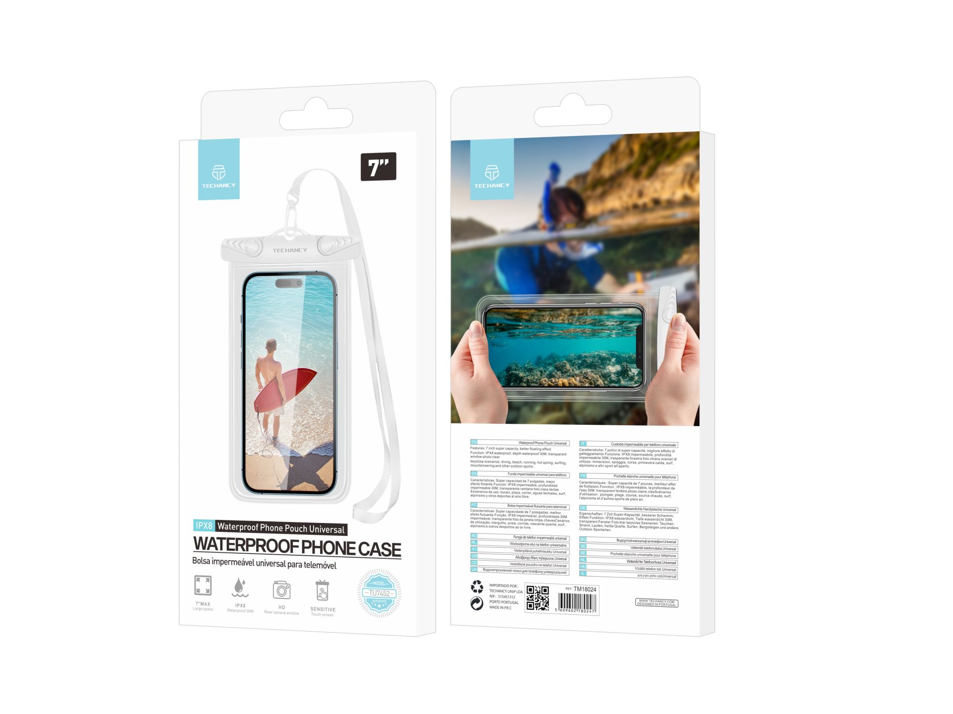 Custodia impermeabile Techancy per telefono cellulare universale 7.0 TU7452 Bianco