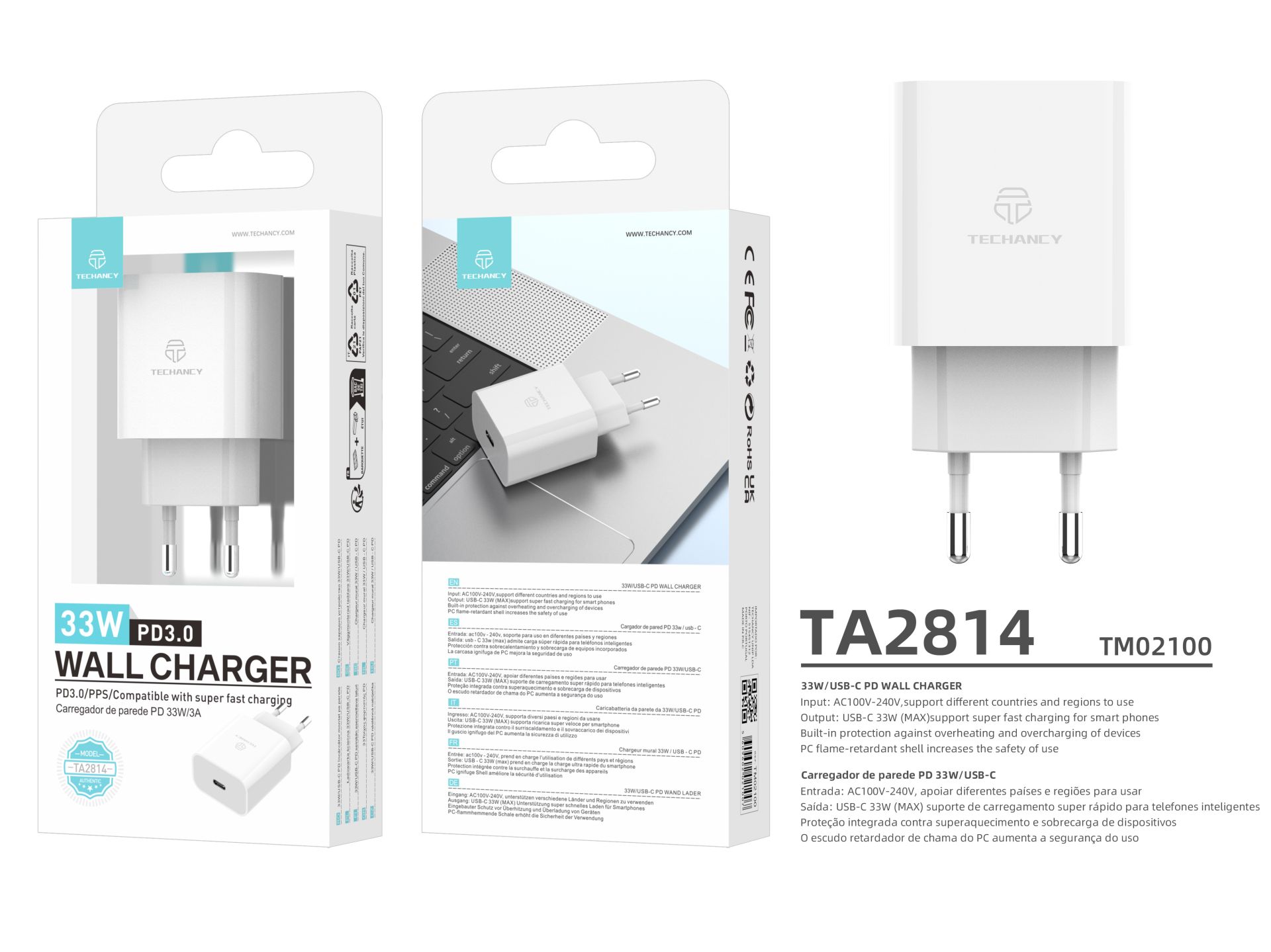 Techancy Carregador Usb-C 33W Rapido PD ,TA2814 Branco Techancy Carregador Usb-C 33W Rapido PD ,TA2814 Branco