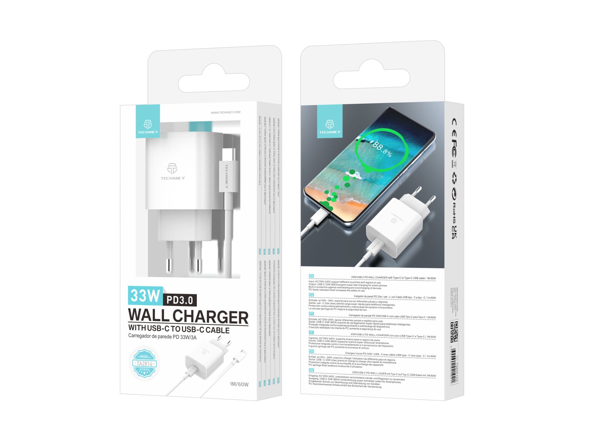 Techancy 33W Fast Usb-C Charger PD ,With Usb-C To Usb-C Cable White Techancy 33W Fast Usb-C Charger PD ,With Usb-C To Usb-C Cable White