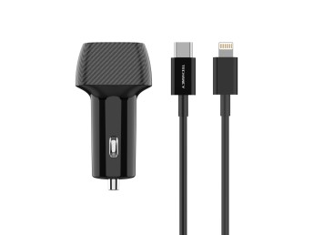 Techancy Carregador De Carro 48W,Usb+Usb C ,Com Cabo Usb-C Para Lightning Preto