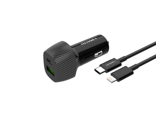 Techancy Carregador De Carro 48W,Usb+Usb C ,Com Cabo Usb-C Para Lightning Preto Techancy Carregador De Carro 48W,Usb+Usb C ,Com Cabo Usb-C Para Lightning Preto