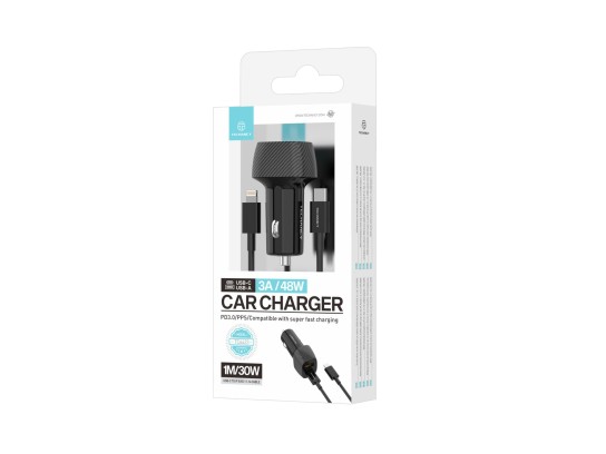 Techancy Carregador De Carro 48W,Usb+Usb C ,Com Cabo Usb-C Para Lightning Preto Techancy Carregador De Carro 48W,Usb+Usb C ,Com Cabo Usb-C Para Lightning Preto
