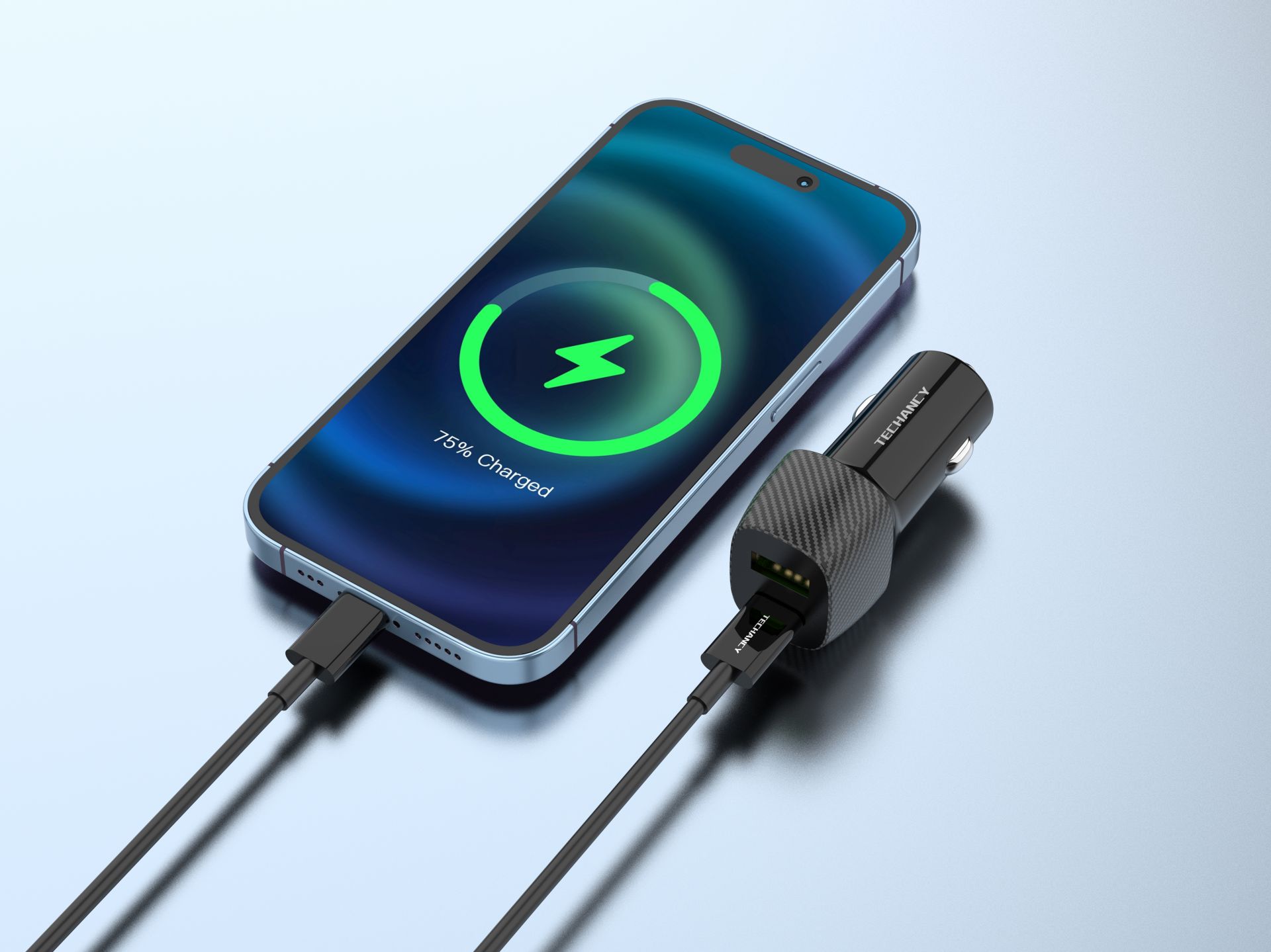Techancy Carregador De Carro 48W,Usb+Usb C ,Com Cabo Usb-C Para Lightning Preto Techancy Carregador De Carro 48W,Usb+Usb C ,Com Cabo Usb-C Para Lightning Preto
