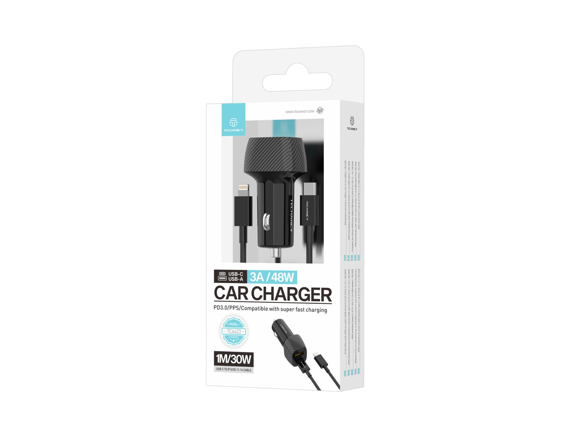 Techancy Carregador De Carro 48W,Usb+Usb C ,Com Cabo Usb-C Para Lightning Preto Techancy Carregador De Carro 48W,Usb+Usb C ,Com Cabo Usb-C Para Lightning Preto