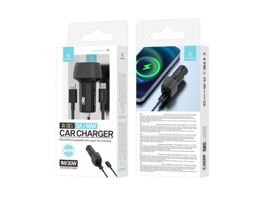 Techancy Carregador De Carro 48W,Usb+Usb C ,Com Cabo Usb-C Para Lightning Preto Techancy Carregador De Carro 48W,Usb+Usb C ,Com Cabo Usb-C Para Lightning Preto