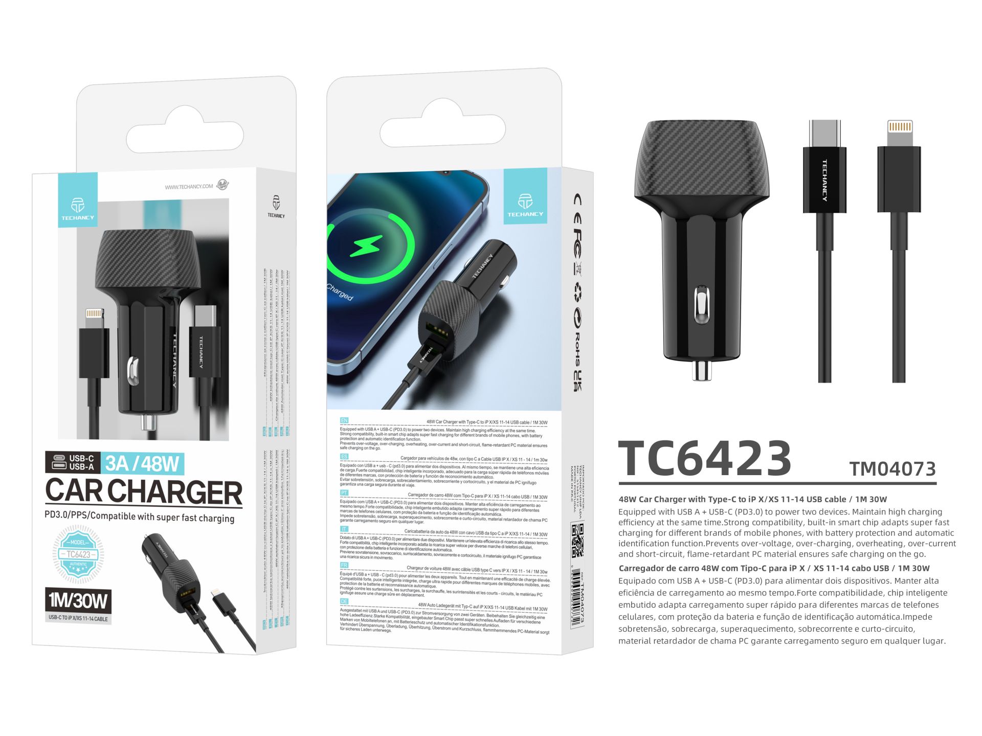 Techancy Carregador De Carro 48W,Usb+Usb C ,Com Cabo Usb-C Para Lightning Preto Techancy Carregador De Carro 48W,Usb+Usb C ,Com Cabo Usb-C Para Lightning Preto