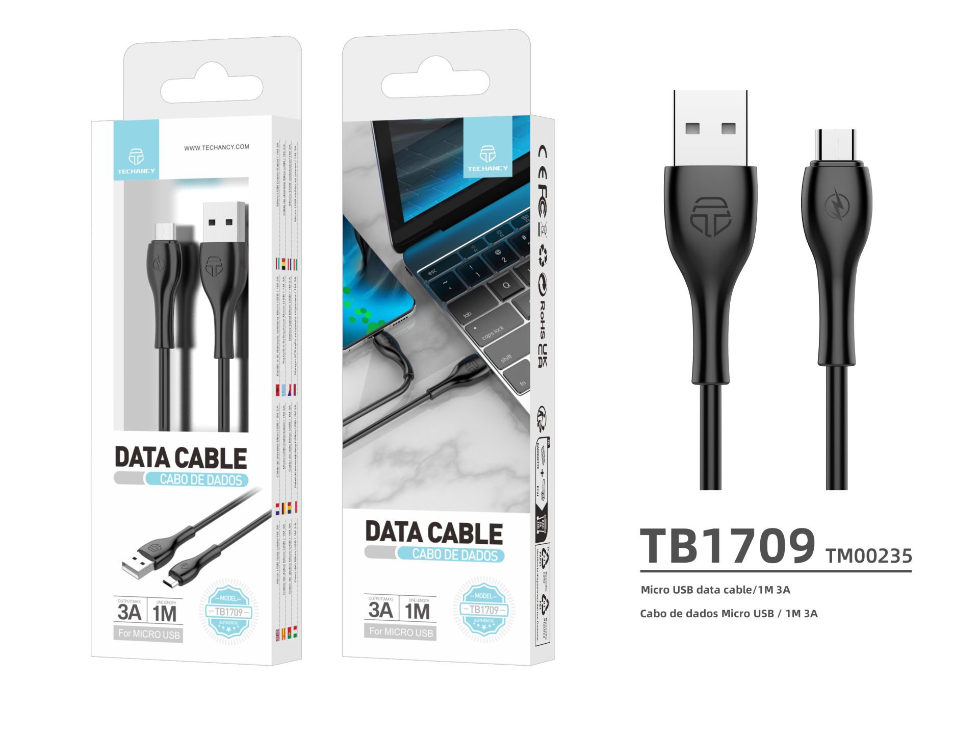 Techancy Cable De Datos De Pvc 1M Micro Usb Negro 3A TB1709 Techancy Cable De Datos De Pvc 1M Micro Usb Negro 3A TB1709