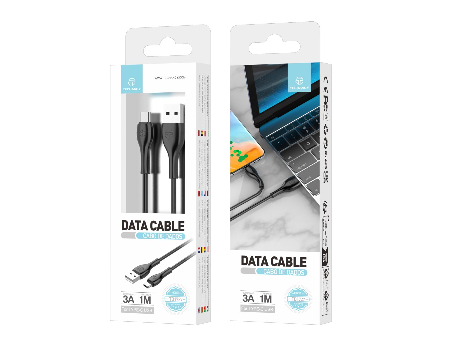 Techancy Pvc Cable de Datos 1M Tipo-C Negro 3A TB1727 Techancy Pvc Cable de Datos 1M Tipo-C Negro 3A TB1727